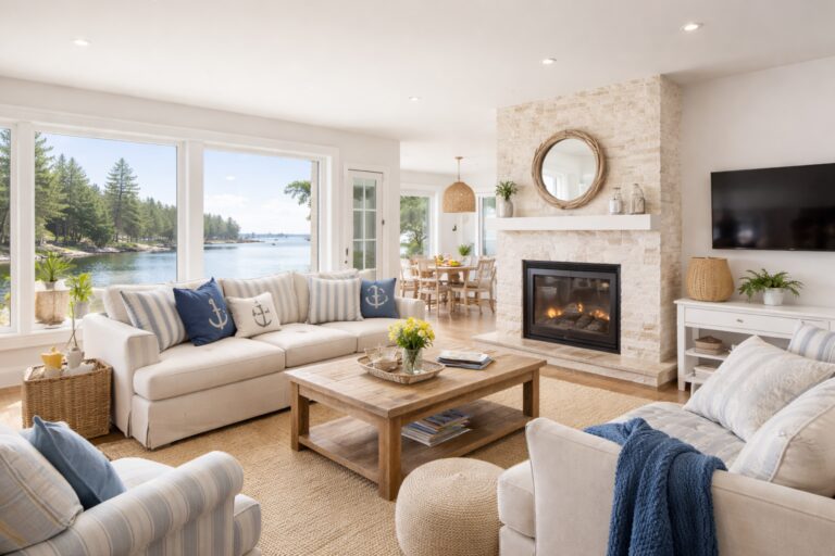 Bright coastal Maine Airbnb living room ready for guests, featuring large waterfront windows, neutral furnishings, a stone fireplace, and clean, fresh interiors designed for a move-in-ready rental.