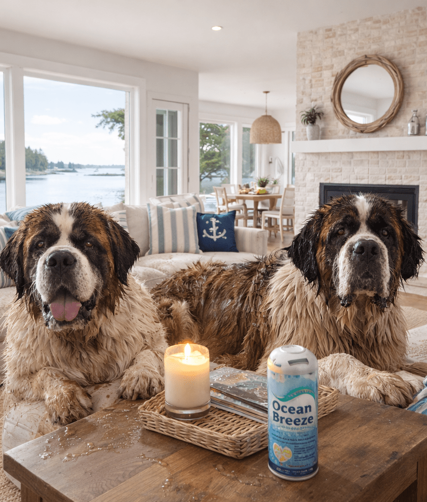 two big dogs are back from their swim in the ocean and the owner tries to hide their smell with candles and deodorizing air freshner.