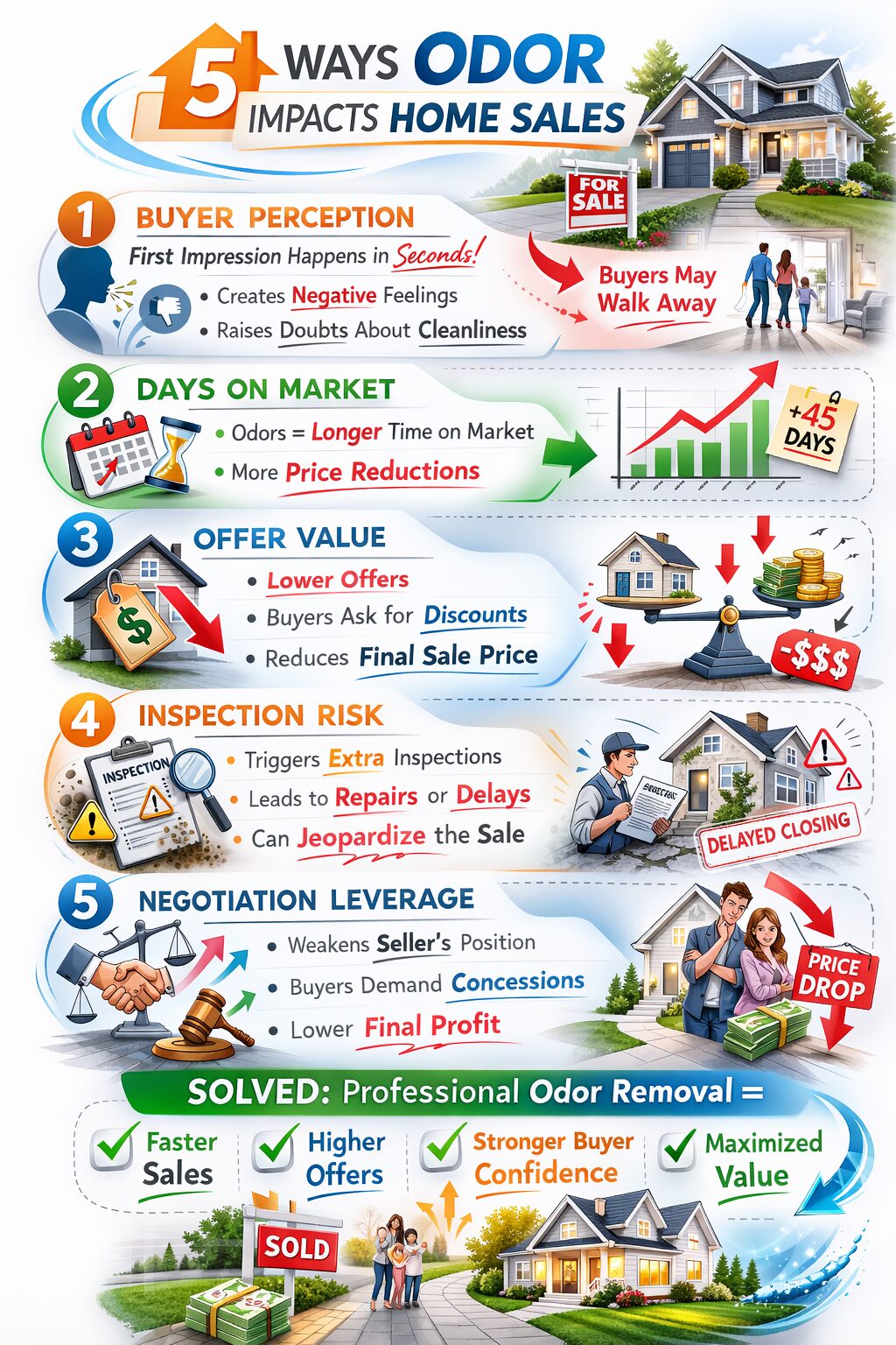 Infographic showing “5 Ways Odor Impacts Home Sales” with colorful sections for buyer perception, days on market, offer value, inspection risk, and negotiation leverage, plus visuals of a home for sale and a successful closing scene indicating faster sales and higher offers after odor removal.