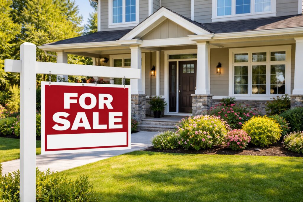 Exterior of a well-maintained suburban home with landscaped yard and a prominent “For Sale” sign in the front lawn, representing a property listed for sale.