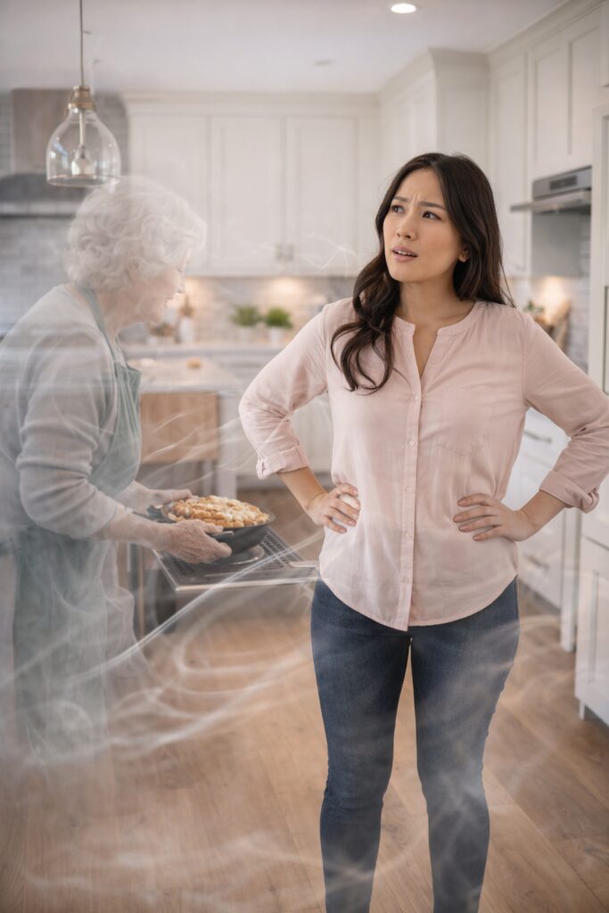woman standing in her new home kitchen wondering why she can smell odors from the old homeowners.