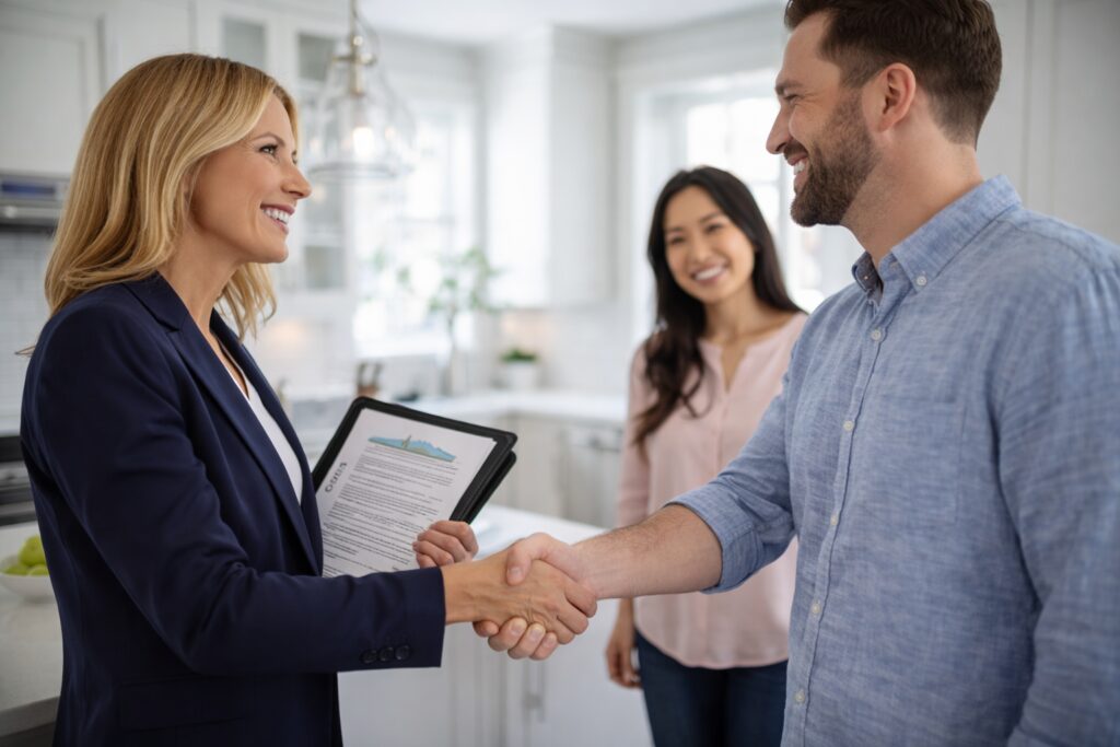 image of a realtor and the buyer shaking hands on a deal on the house,