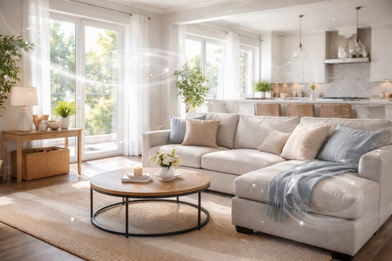 a clean modern livingroom depicting unseen odors moving around in the air currents in your home.