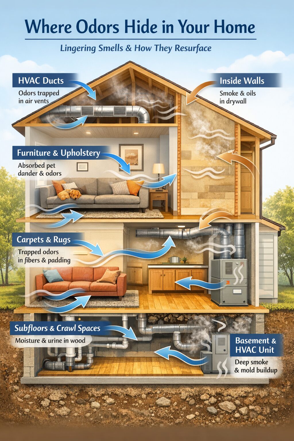 inforgraph showing a split image of a house and where home odors are coming from.