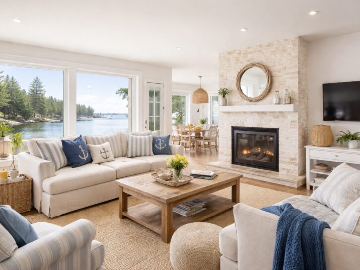 Bright coastal Maine Airbnb living room ready for guests, featuring large waterfront windows, neutral furnishings, a stone fireplace, and clean, fresh interiors designed for a move-in-ready rental. {{brizy_dc_image_alt entityId=