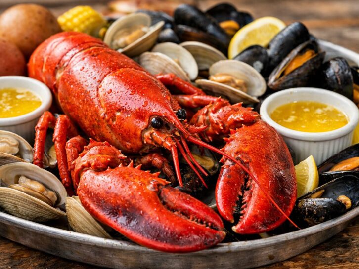 Close-up landscape image of a classic Maine seafood platter featuring a bright red cooked lobster in the foreground, surrounded by steamed clams and mussels, with small bowls of melted butter and lemon wedges on a rustic wooden table. {{brizy_dc_image_alt entityId=