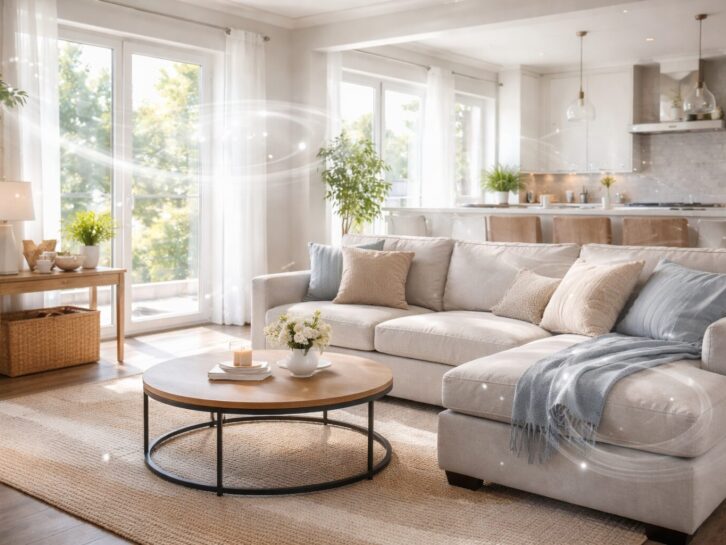 a clean modern livingroom depicting unseen odors moving around in the air currents in your home.